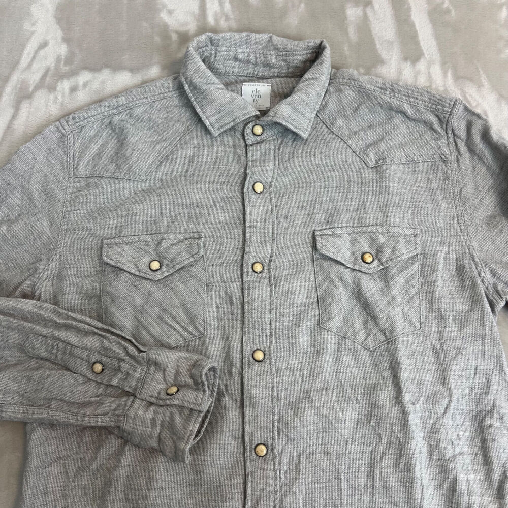 Eleventy Shirt Mens Medium Gray Wool Cotton Pearl Snap Platinum Pique Western